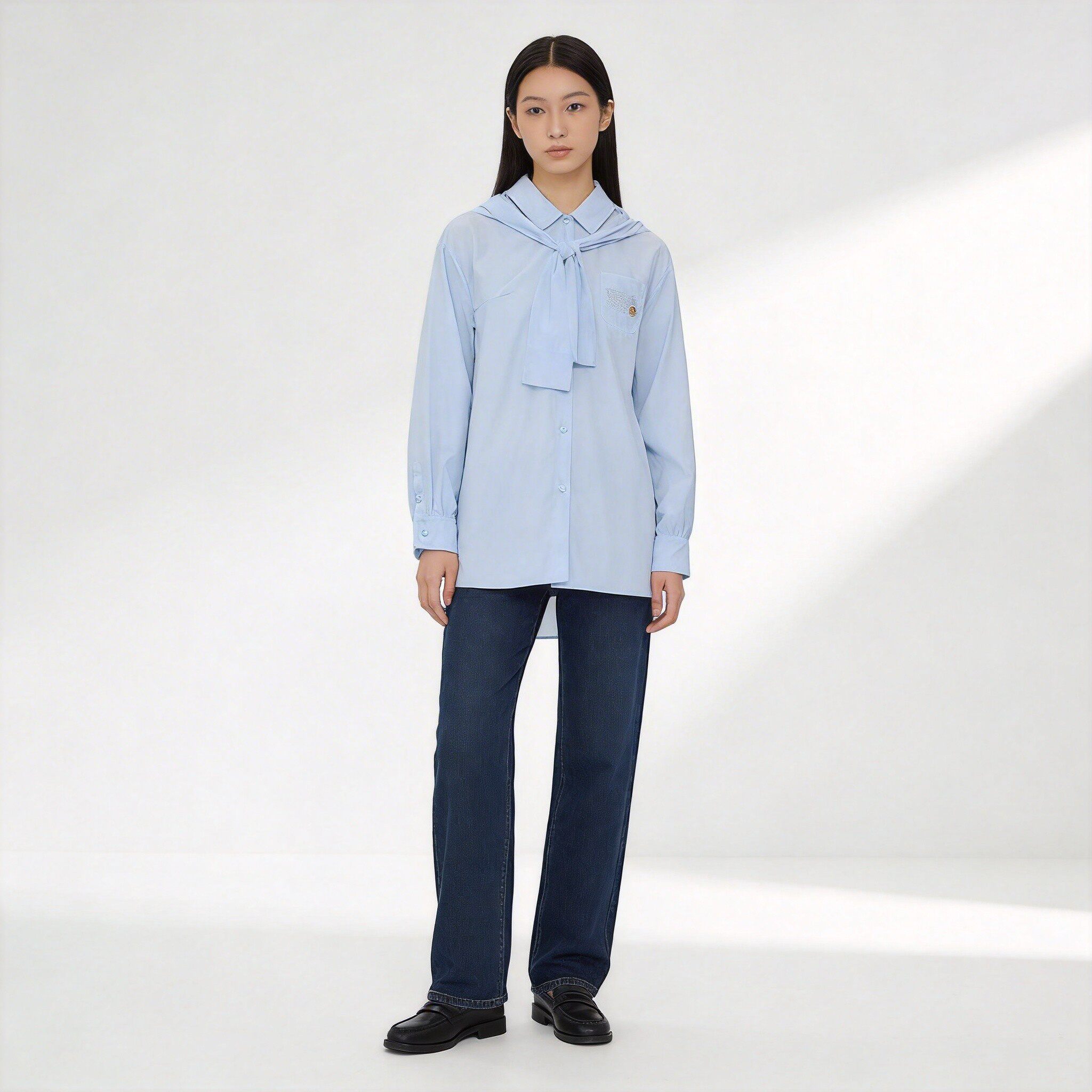 Teenie Weenie减龄浅蓝连帽衬衫女休闲宽松口袋衬衣TTYA2623C1A