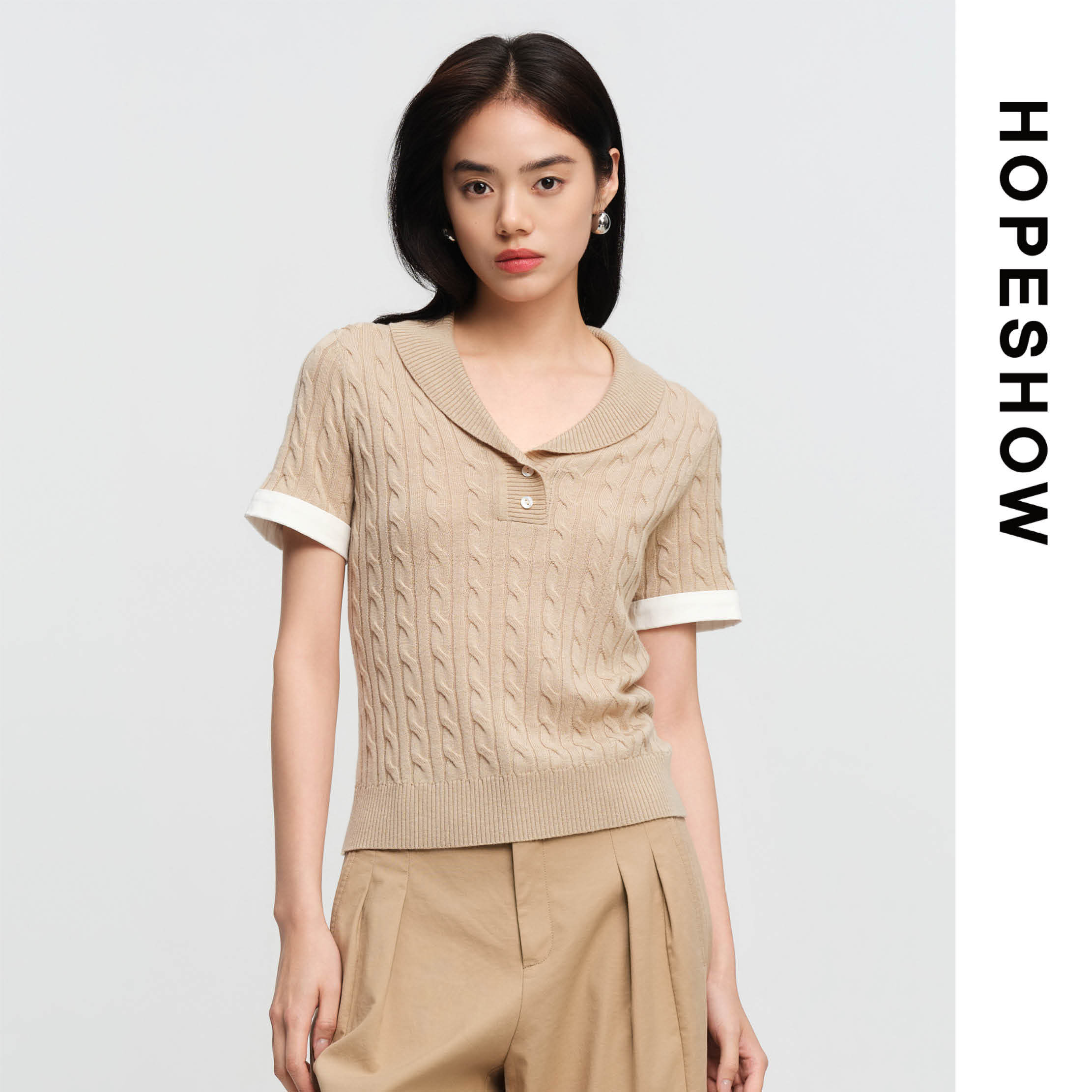HOPESHOW红袖女士时尚绞花短袖Polo领针织上衣89126220105