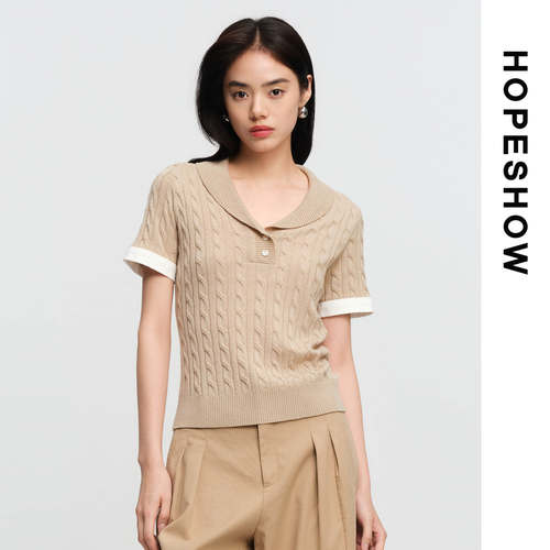 HOPESHOW红袖女士时尚绞花短袖Polo领针织上衣89126220105