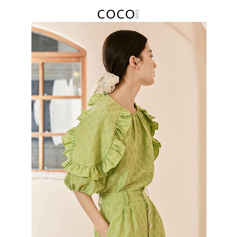cococozi夏小清新气质提花衬衣女荷叶边灯笼袖圆领衬衫212CY02图片