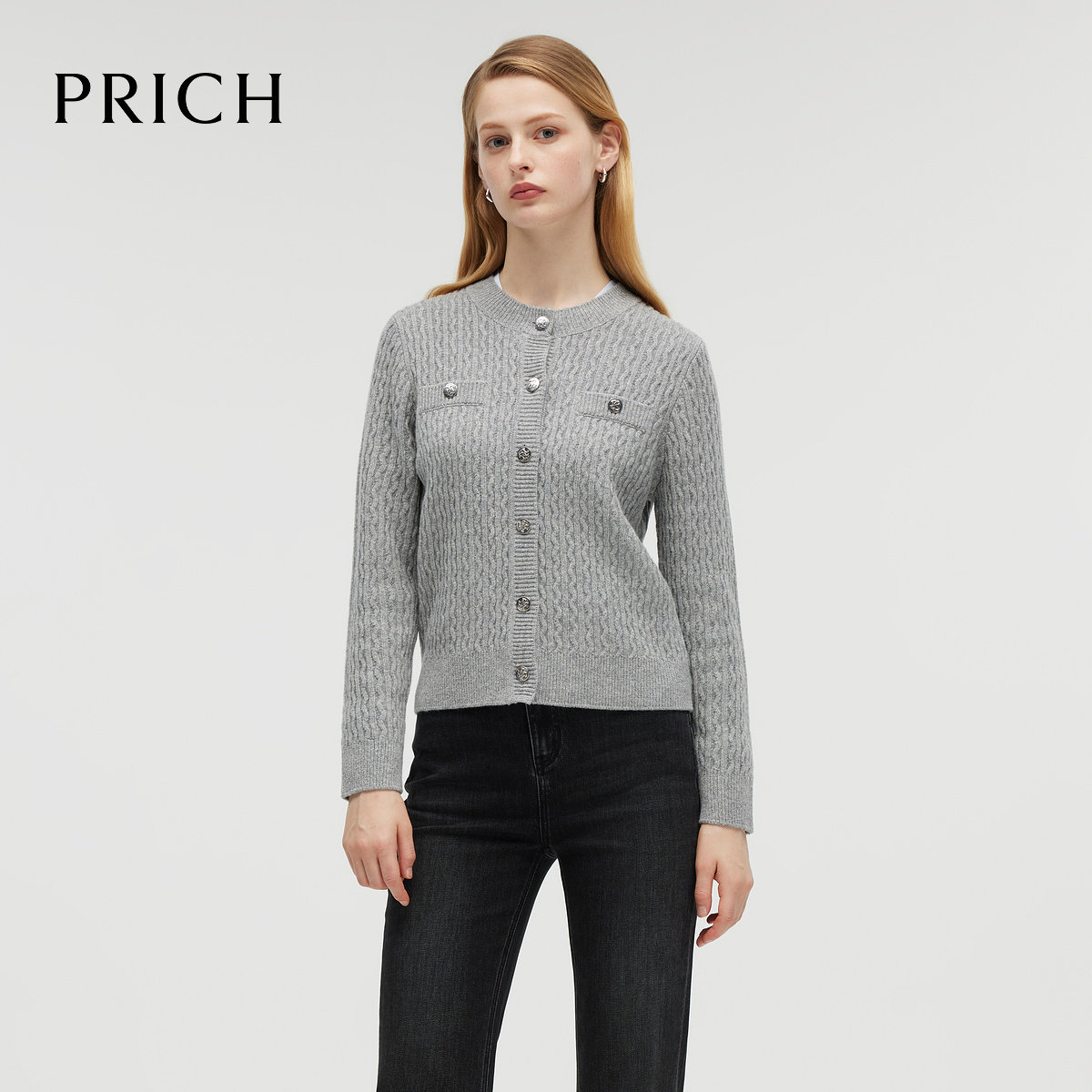 【羊毛】PRICH时尚大身波纹针织衫冬季金丝圆领上衣女 PRKCE4T03M