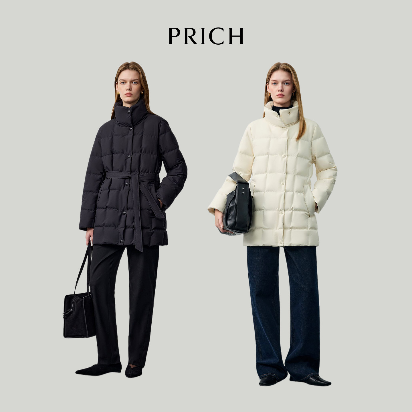 PRICH立领束带沙漏鹅绒服2025冬新品收腰中长款保暖女PRJDF4T09M