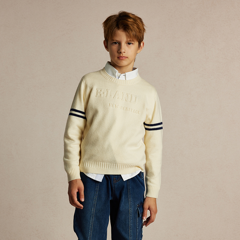 eland kids童装男童针织衫24年LOGO撞色条纹圆领毛衣EKKWE4V02K