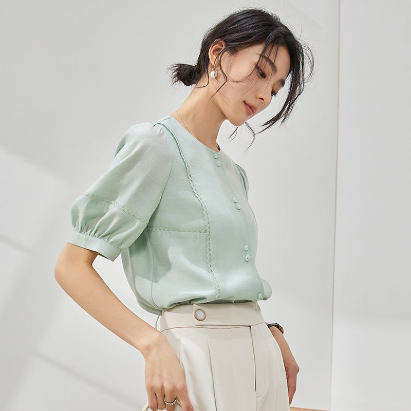 【曼·贝】法式蕾丝网纱衬衫短袖女夏大码时尚通勤女装8392127