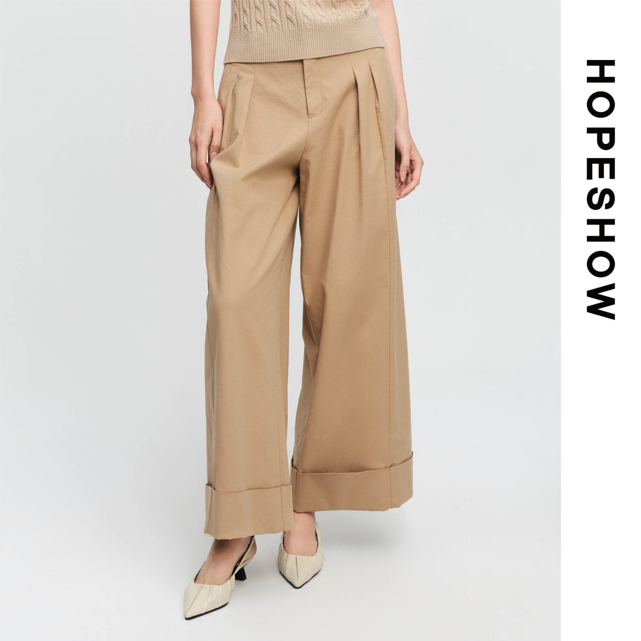 HOPESHOW红袖卡其色高腰阔腿休闲裤女款89126221201