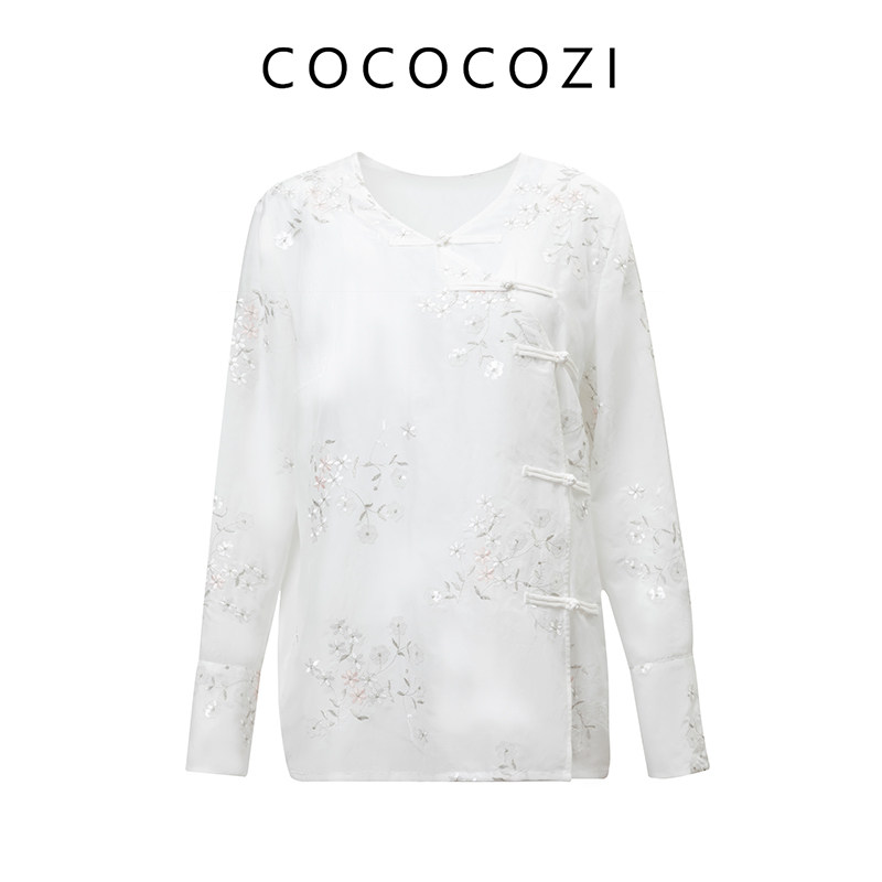 COCOCOZI中国风提花时尚绣花长袖复古夏季圆领衬衫242CO027CS