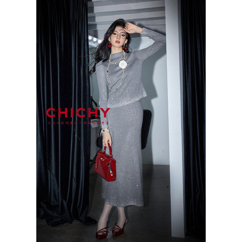 【柔软绵羊毛】CHICHY名媛灰色半高领针织毛衫半裙套装CW9A004244