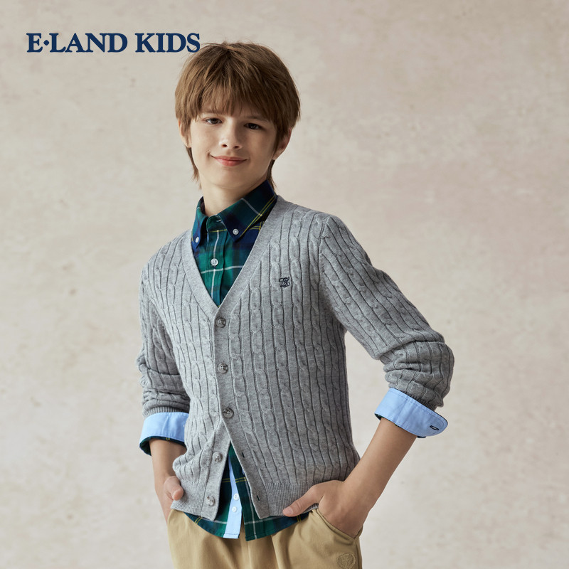 eland kids童装男童 学院V领长袖毛衣开衫