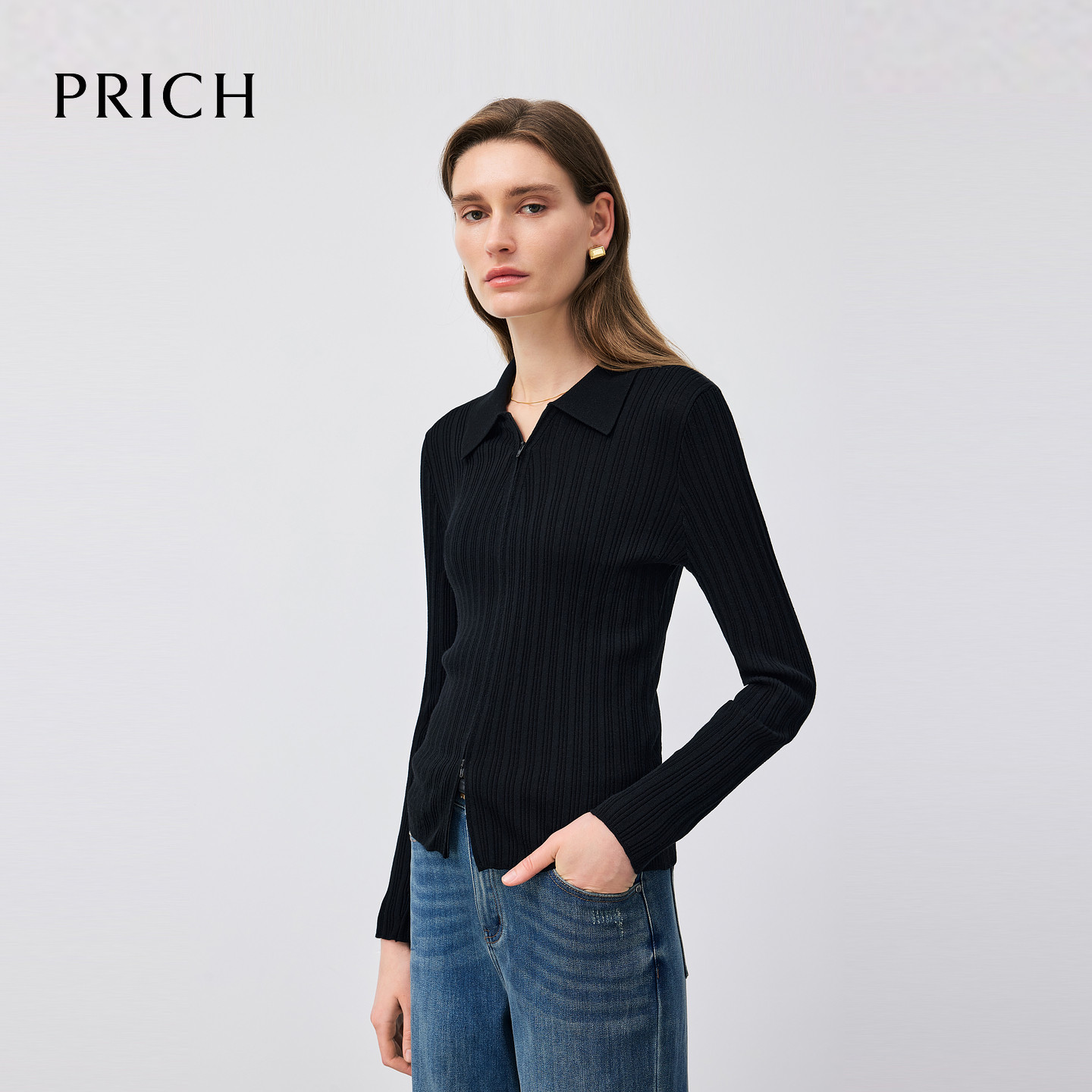】PRICH时尚POLO领拉链针织衫2025秋新款收腰毛衣女