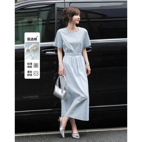 dme德玛纳夏季都市简约圆领系带收腰舒适小个子女连衣裙