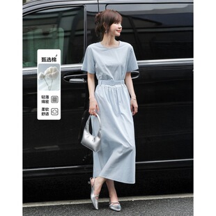 dme德玛纳夏季都市简约圆领系带收腰舒适小个子女连衣裙