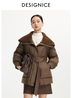 迪赛尼斯2025年冬季通勤气质系带外套长袖翻领羽绒服女