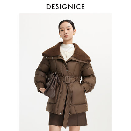 迪赛尼斯2025年冬季通勤气质系带外套长袖翻领羽绒服女