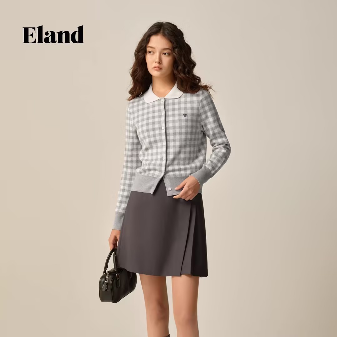 Eland毛针织衫女气质翻领长袖格纹开衫2025冬季EECKF8TT71