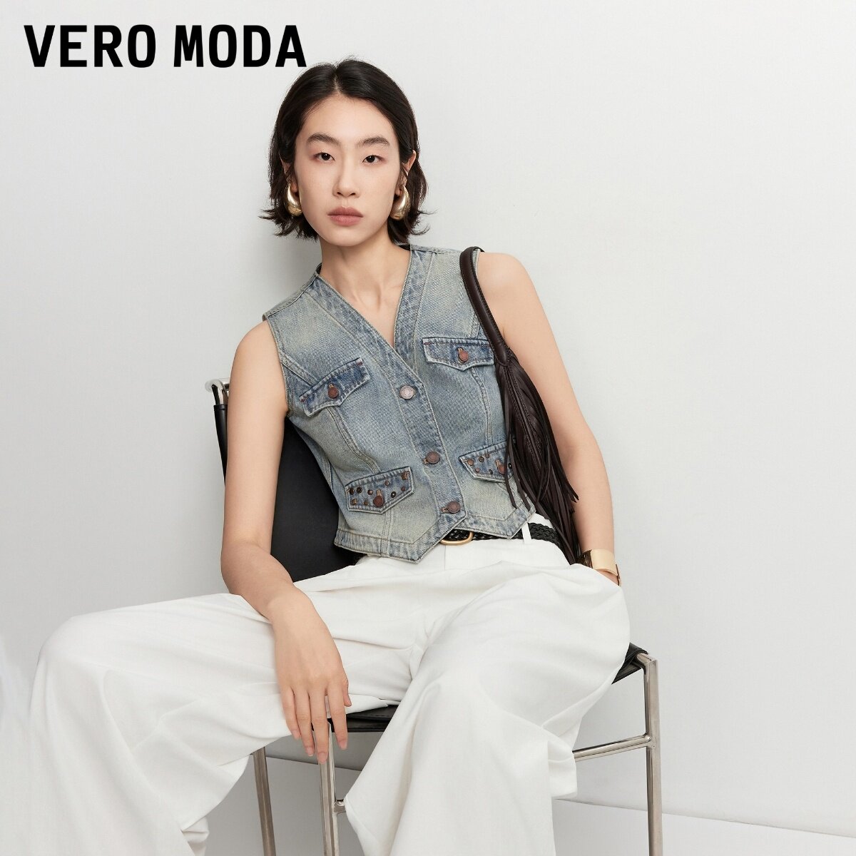 Vero Moda马甲女2026秋季新款钉扣装饰V领水洗上衣326356004