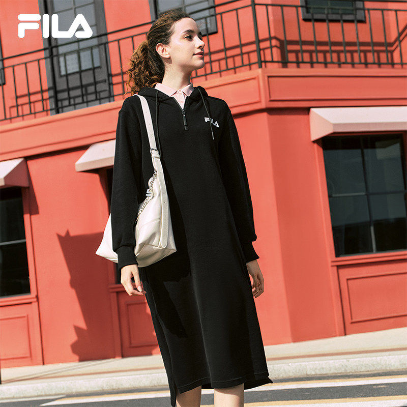FILA 斐乐官方连衣裙2025年秋长款连帽打底卫衣长裙子F51W539303F
