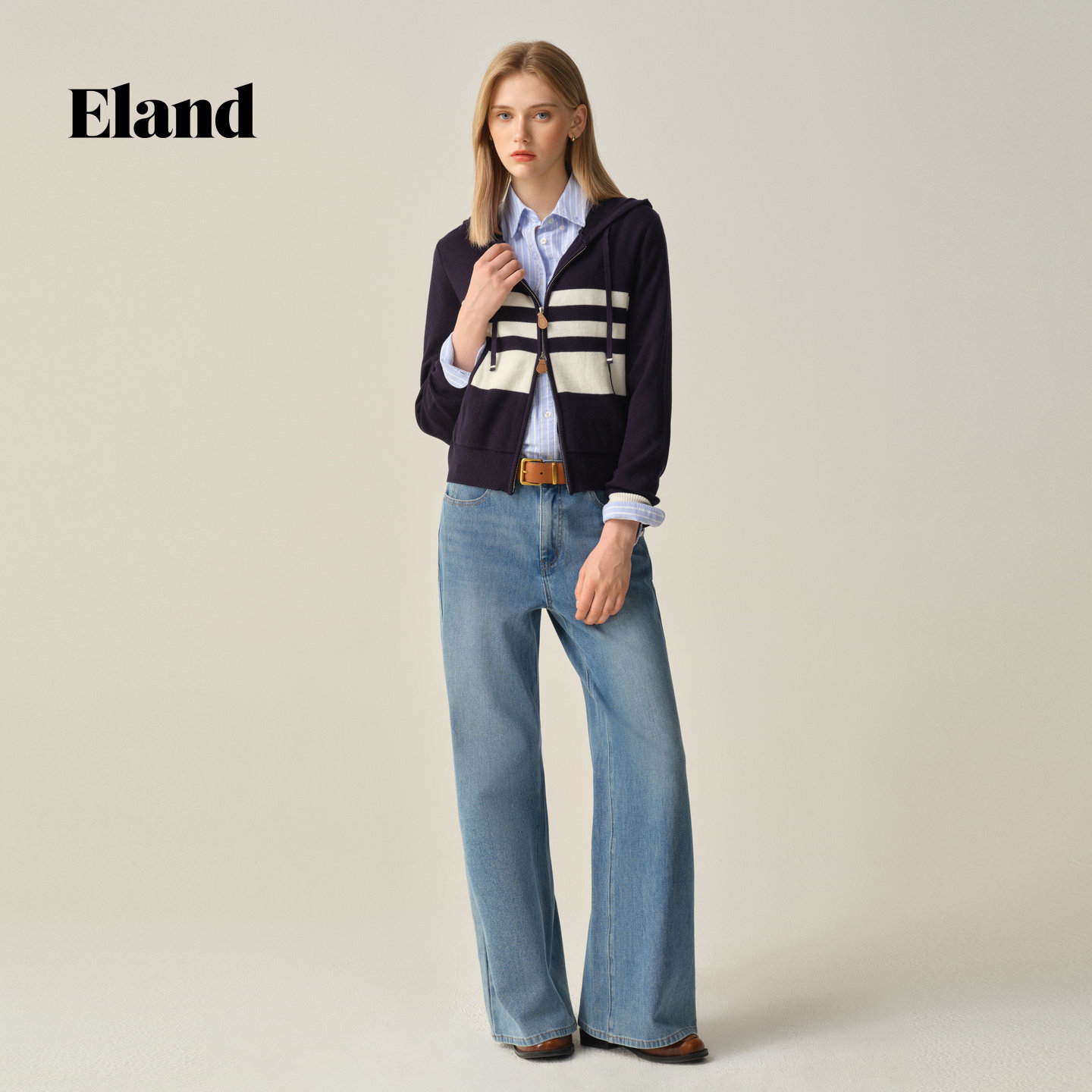 Eland毛针织衫女长袖撞色外套开衫2025冬季