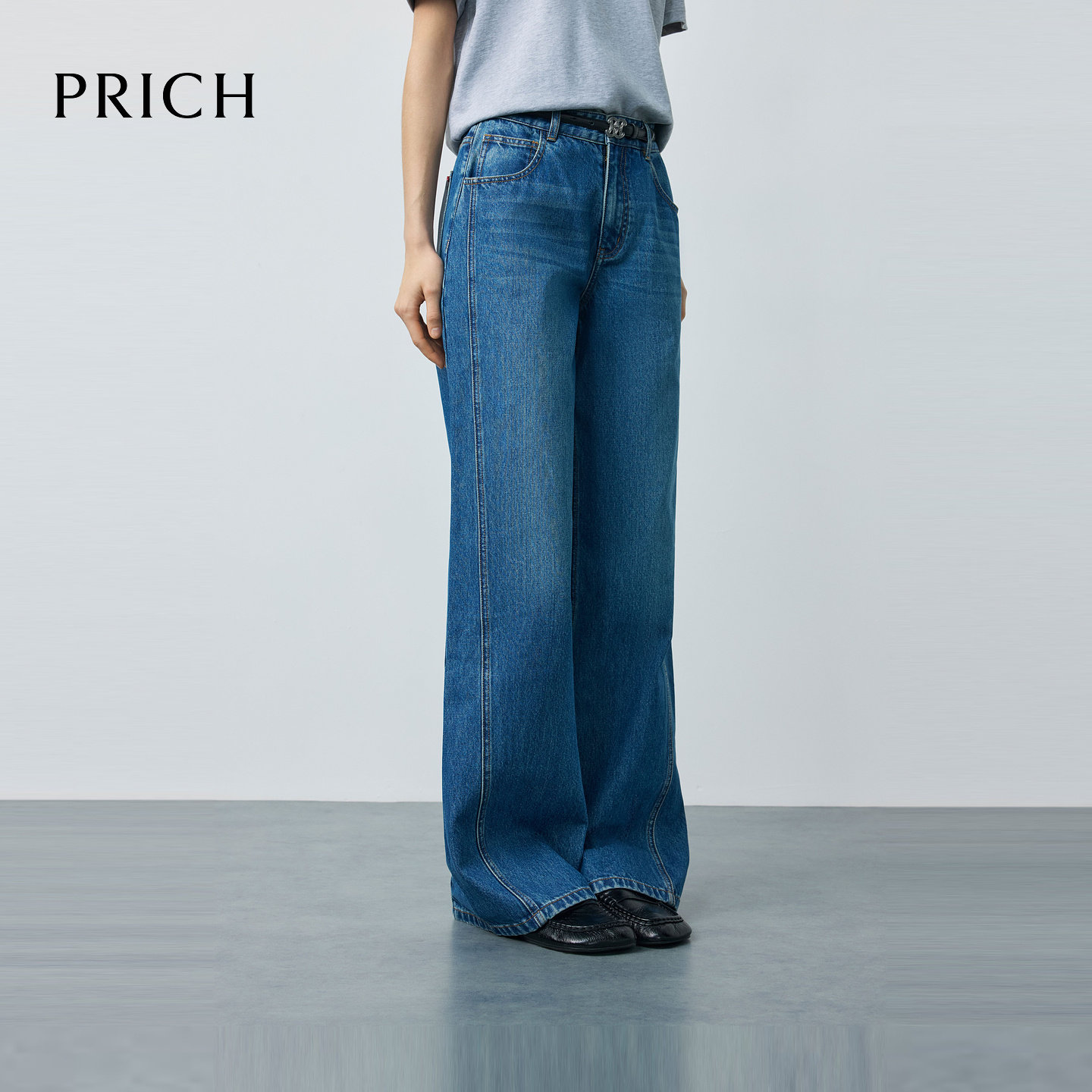 PRICH时尚复古水洗阔腿牛仔裤2026春季酷飒拼缝显瘦长裤子女
