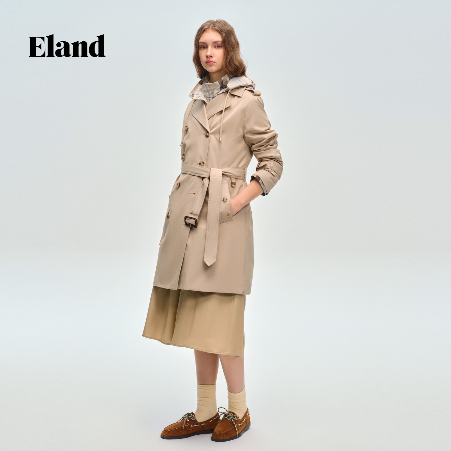 Eland女时尚休闲 翻领中长款外套EEJTG12E01