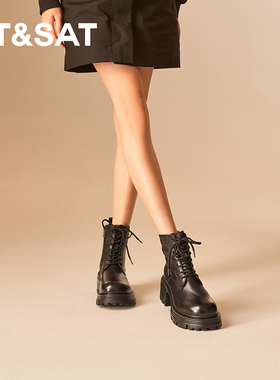 星期六马丁靴中跟短筒黑色保暖通勤女靴SSC4118N0B