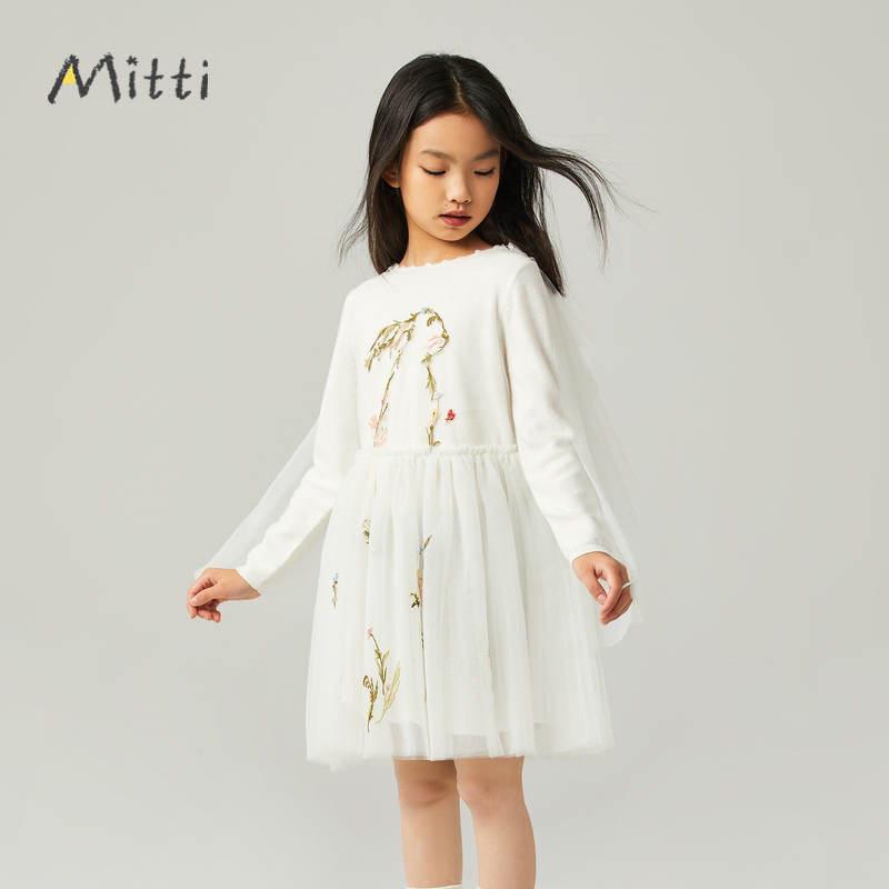 MITTI童装2023年女童春小兔子绣花长袖网纱连衣裙ML3101812