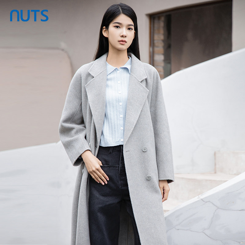 NUTS那时商场同款时尚冬季纯色修身长款手工呢料外套女5491506A1