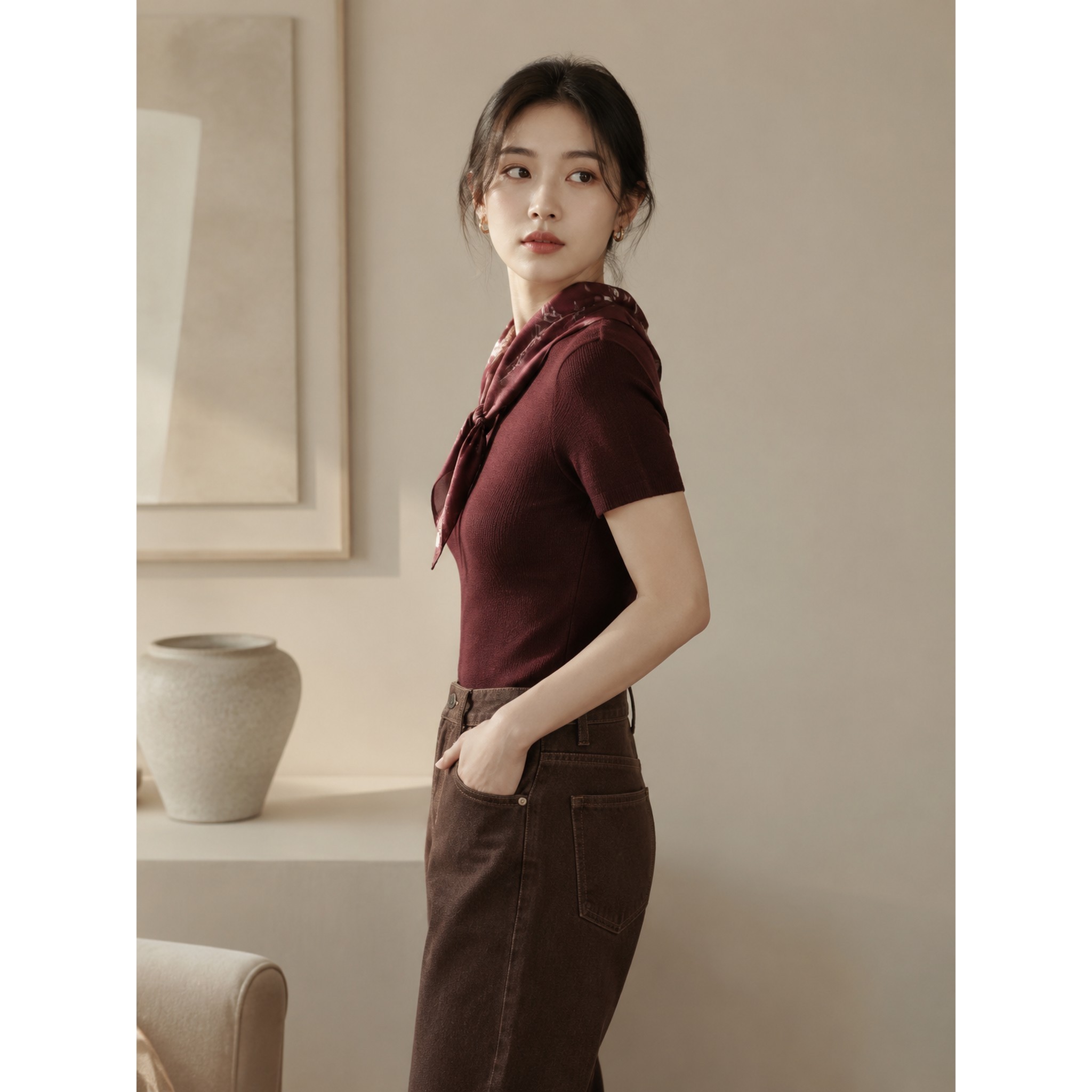 红袖秋秋女士优雅丝巾领短袖针织衫89226250116