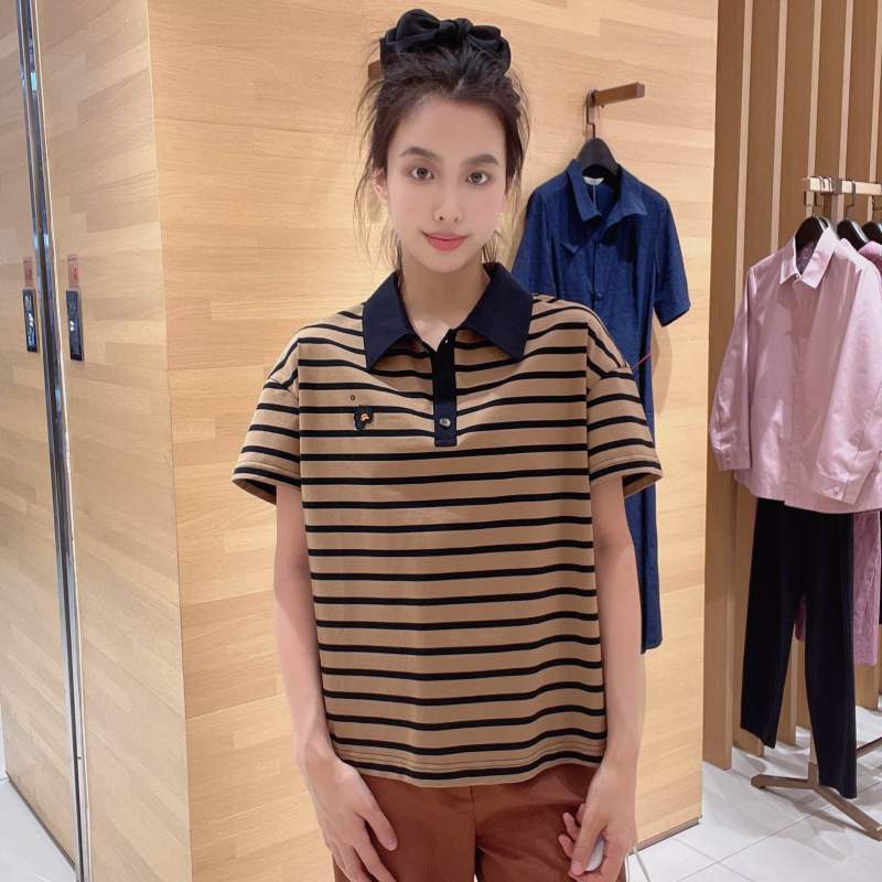 菲姿 女士翻领条纹宽松短袖T恤F3B516