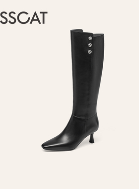 KISSCAT接吻猫[职场大女主]25新高跟真皮黑色长筒靴KA65713-14