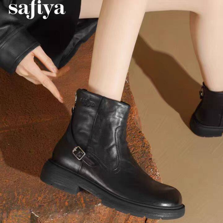 Safiya/索菲娅手抓纹加绒款后跟拉链英伦靴子短靴女SFD4118235