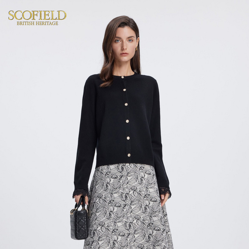 Scofield女长袖蕾丝拼接针织开衫