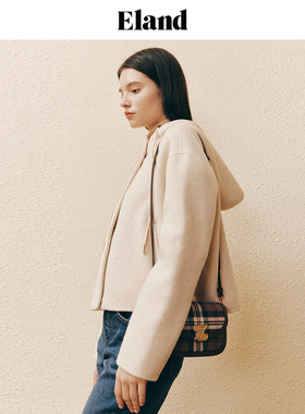 Eland毛呢外套女学院风短款连帽休闲外套上衣EEJWD4TT5I