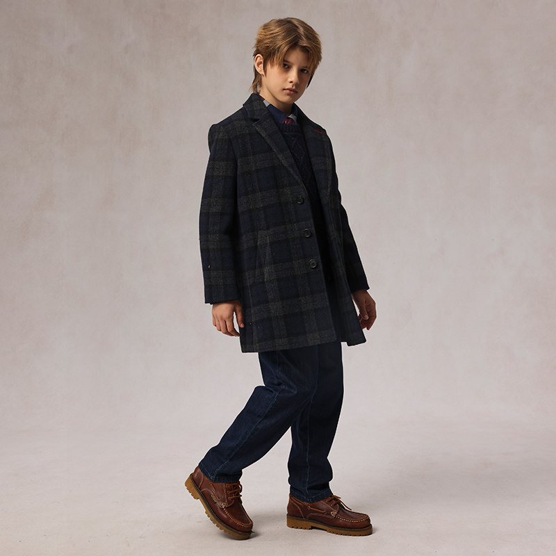 eland kids童装男童呢大衣2025年春季格纹