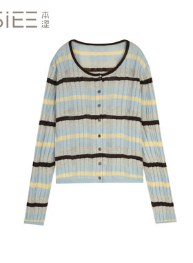 BSiEE本涩2026春休闲风条纹撞色柔软圆领款拼色长袖开衫