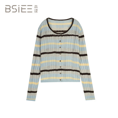 BSiEE本涩2026春休闲风条纹撞色柔软圆领款拼色长袖开衫