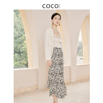cococozi半身裙碎花夏季女复古时尚中长款高腰桑蚕丝裙子212CP18