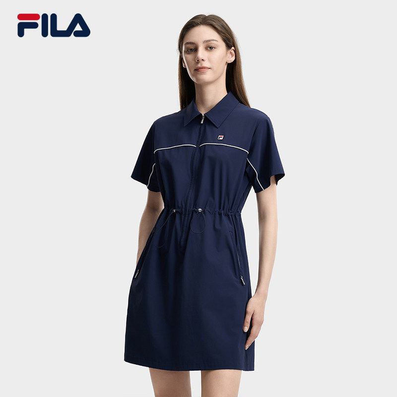 FILA 斐乐官方女子梭织连衣裙2026夏收腰衬衫裙F11W628321F