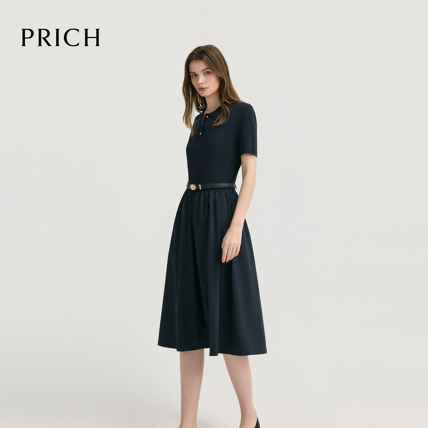 PRICH时尚polo领收腰短袖针织洋装2026夏季新款A摆休闲中长裙女