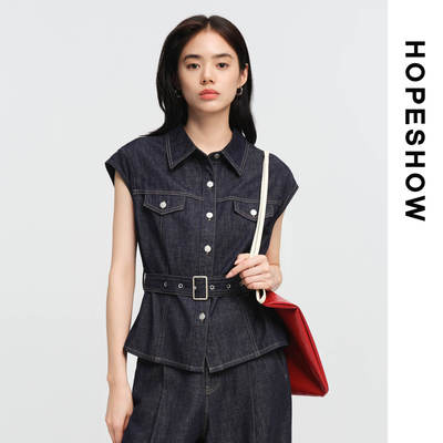HOPESHOW红袖藏蓝无袖系带牛仔收腰衬衫89126220303