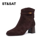 星期六绒面方跟后拉链短靴时装 靴软面马丁靴SSD4116184