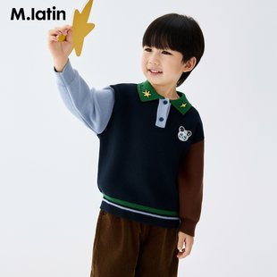 马拉丁童装儿童毛衣25冬男童可爱熊猫织标翻领毛衣615919604D