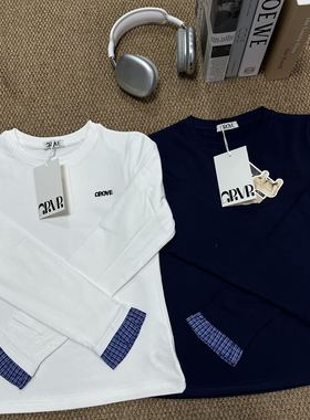 早春Grow方格拼接袖加绒上衣白色圆领拼接格纹袖卫衣显瘦百搭无帽