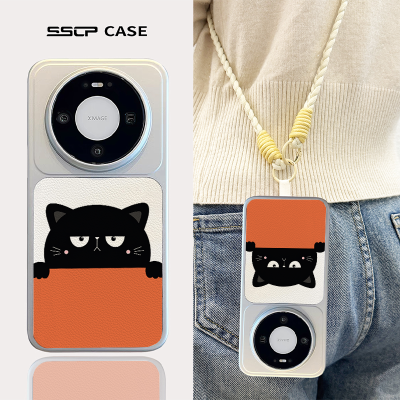 呆萌猫适用华为mate80手机壳新款pura70pro卡通可爱斜挎挂绳mate70pro女promax高级小羊皮p80夏天MT60保护套