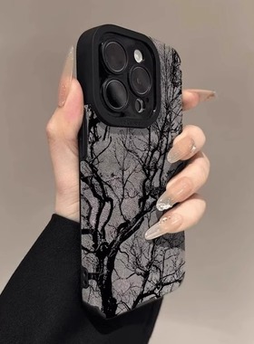 适用苹果16promax手机壳iphone17pro小众高级感新款air红色翻毛皮枯树枝条14全包镜头13硅胶15软12防摔11小众