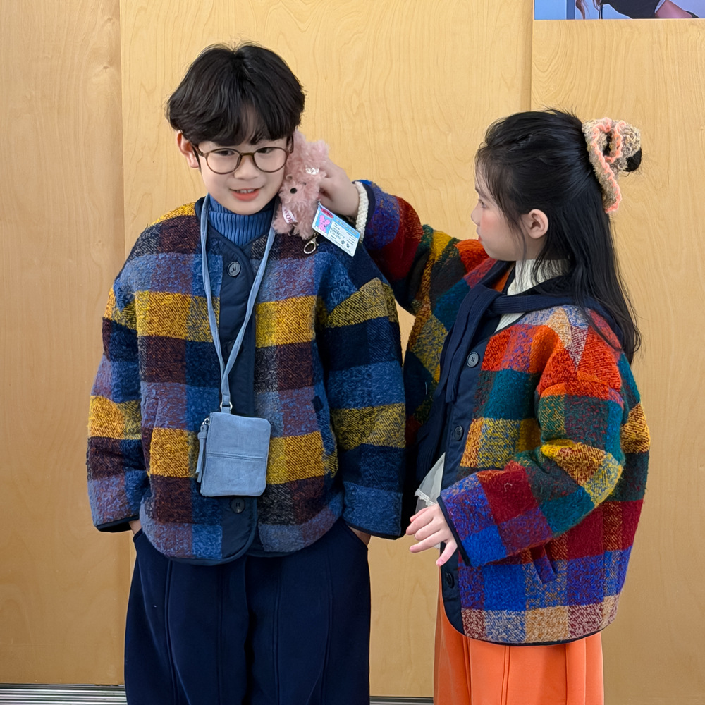 童外套2025冬韩版男女童拼色格子加厚夹棉呢外套儿童百搭短款上衣