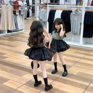 女孩子套裝 新款 女童氣質小香風格 子背心上衣黑色半身裙tutu裙 夏季