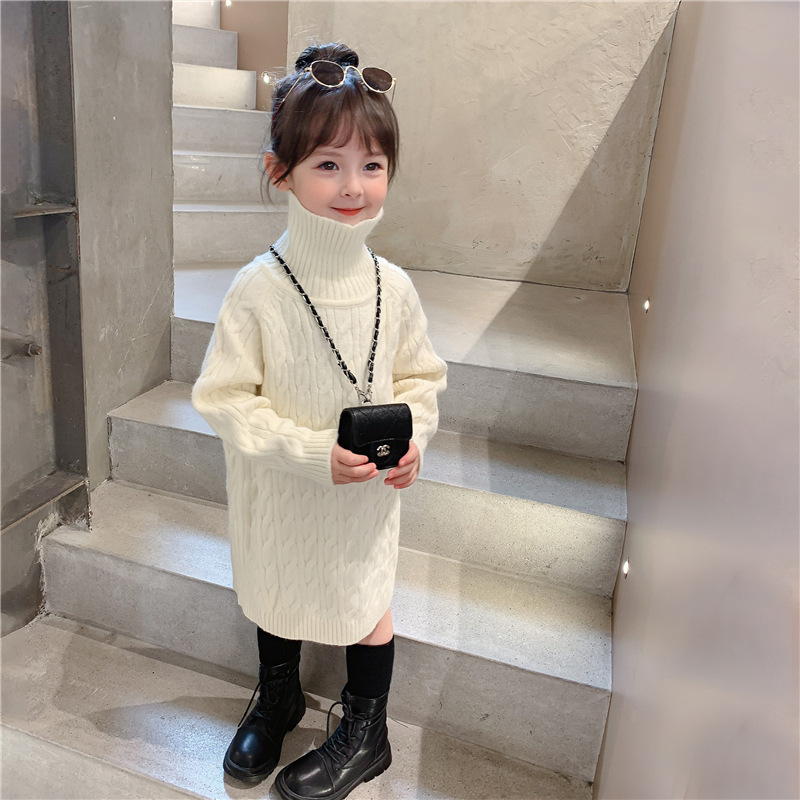 女童宝宝毛衣裙中长款洋气针织秋冬韩版白色儿童黑色打底衫连衣裙
