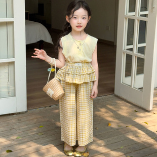 儿童清凉无袖 女童套装 夏季 韩版 两件套 背心宝宝洋气格子花边直筒裤