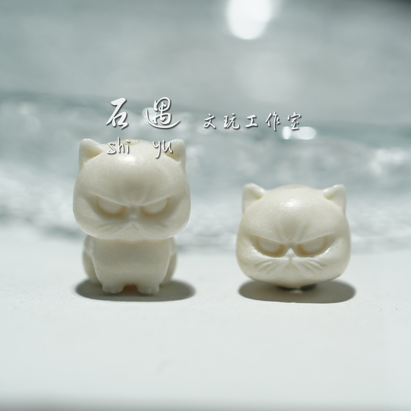 愤怒猫咪天然鹿角根付保真猛犸手串搭配个性雕刻单圈配珠文玩配饰