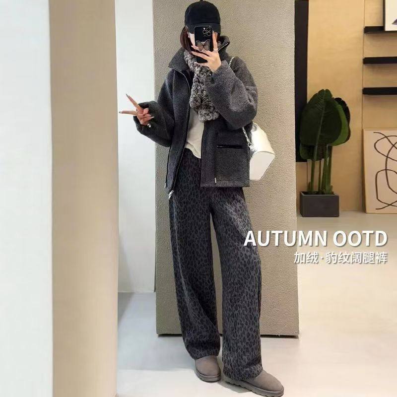 复古个性豹纹印花休闲裤女2025秋冬装新款女士抽绳松紧腰显瘦长裤